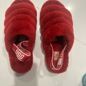 UGG Red Fluff Slide with Branded Heel Strap size 9